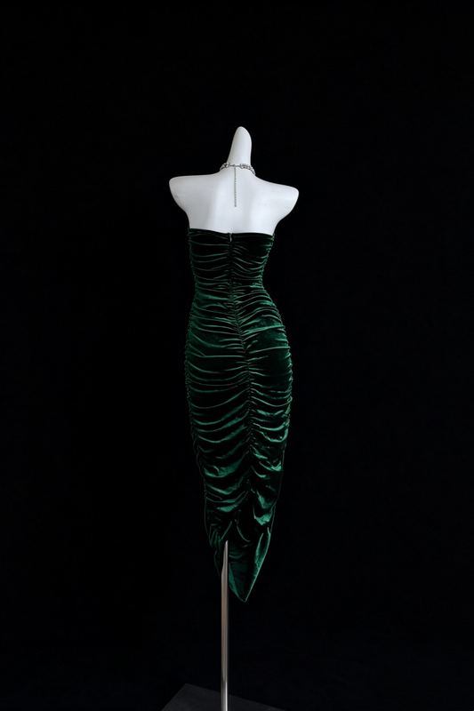 Emerald Green Velvet Strapless Midi Formal Dress, 3D Floral Cutout Ruched Party Dress F0534
