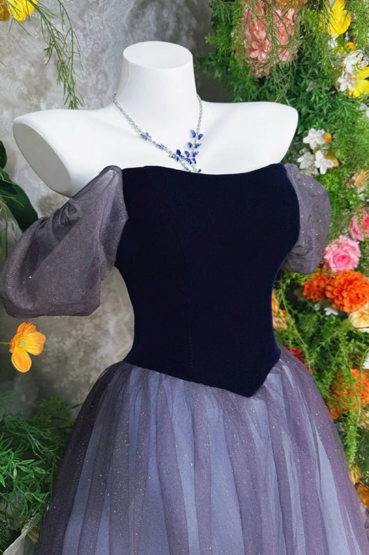 Purple-Black Velvet Tulle Off-the-Shoulder Puff Sleeve Gradient Ballgown Retro Dreamy Theme Party Evening Dress FL-8