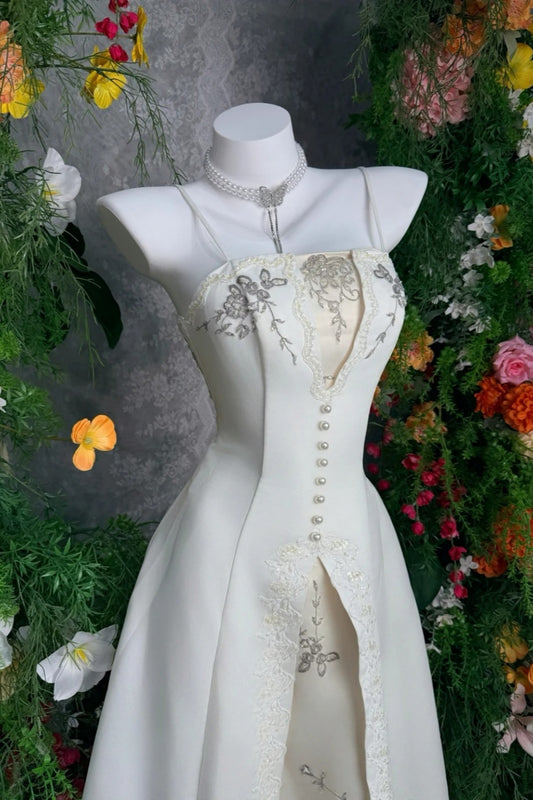 White Satin Spaghetti Strap Strapless Floor-length Gown Pearl Embroidery Retro Elegant Evening Formal Dress FL-2