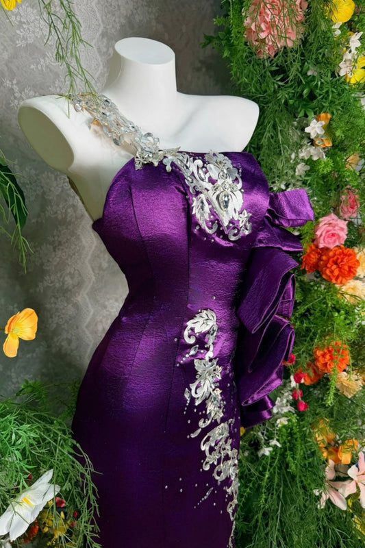 Deep Purple Satin One-shoulder Sleeveless Floor-length Mermaid Gown Silver-patterned Evening Formal Dress FL-1