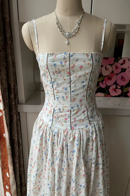 Spaghetti Strap Floral Midi Dress Corset Bodice Garden Party Gown F0425