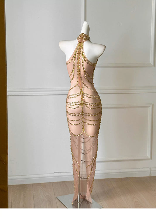 Gold Rhinestone Halter Sheer Mesh Midi Evening Dress F0492