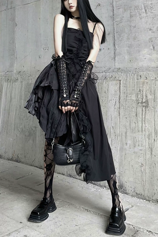 Gothic Spaghetti Strap Asymmetrical Ruffle Party Dress F0500