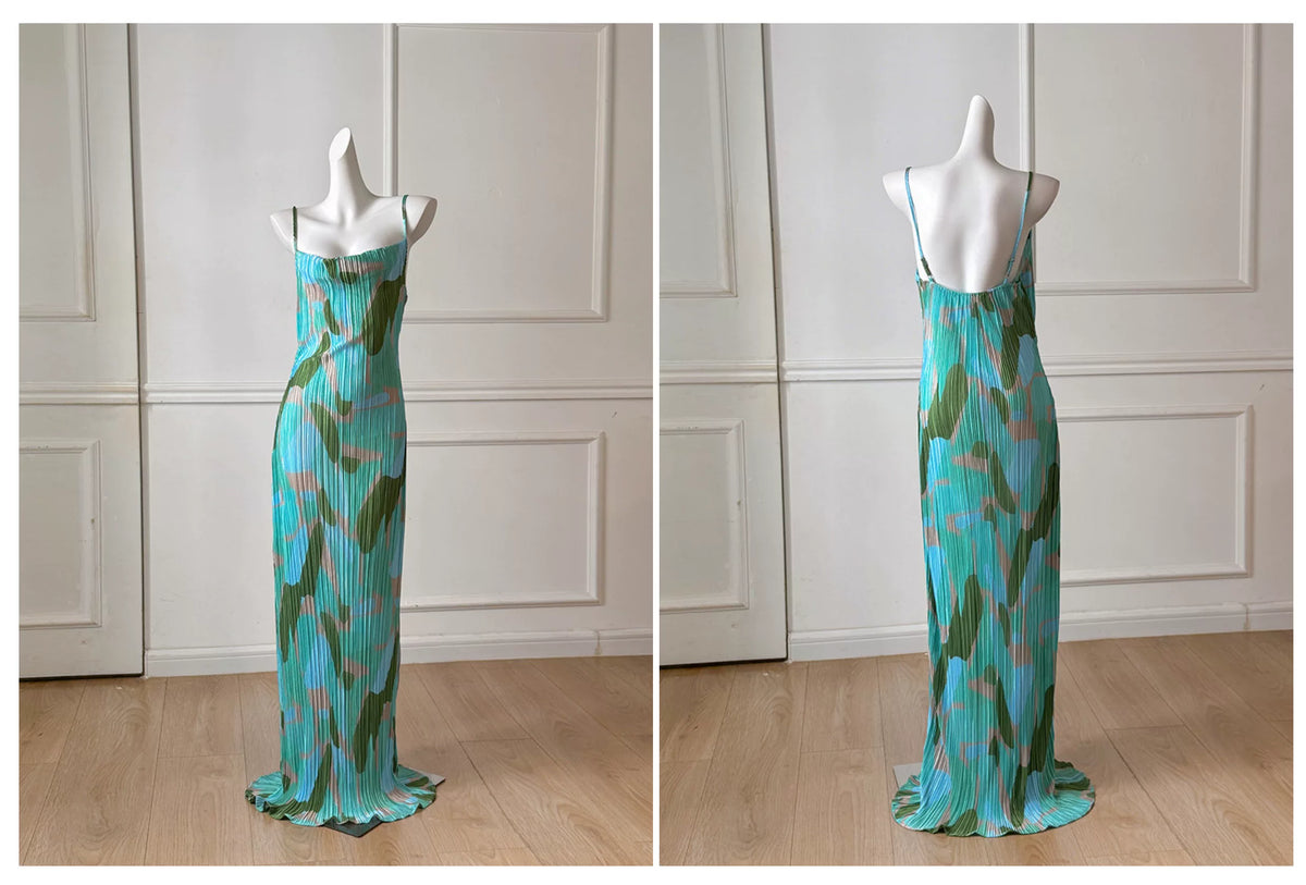 Green Blue Abstract Print Pleated Spaghetti Strap Maxi Dress, Vacation Dress F0482