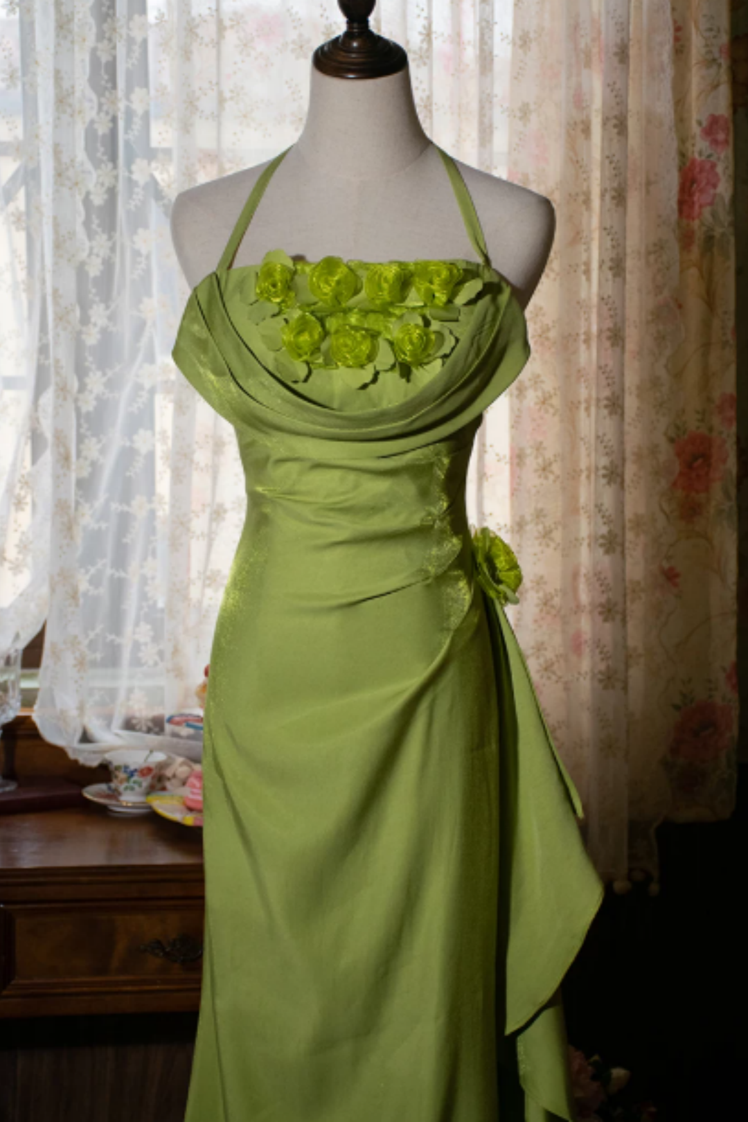 Green Halter Mermaid Formal Dress with 3D Florals L031