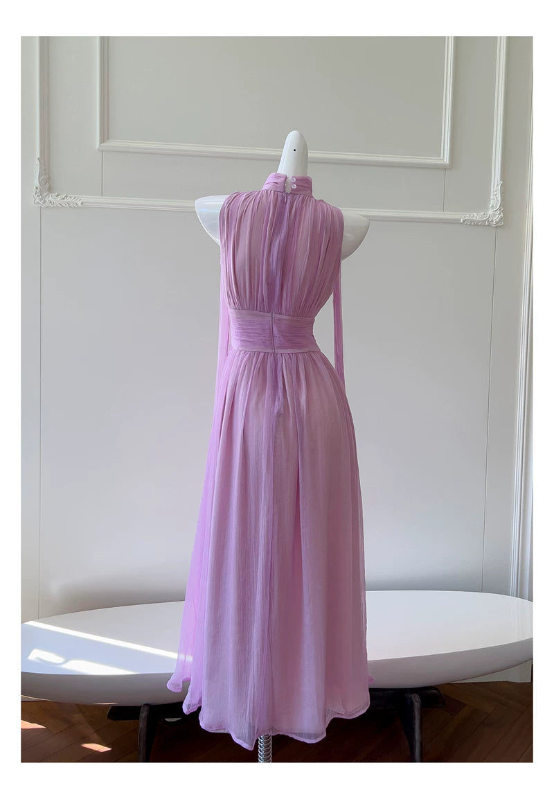 Lavender Halter Chiffon Maxi Dress Sleeveless Flowy Bridesmaid Gown F0434