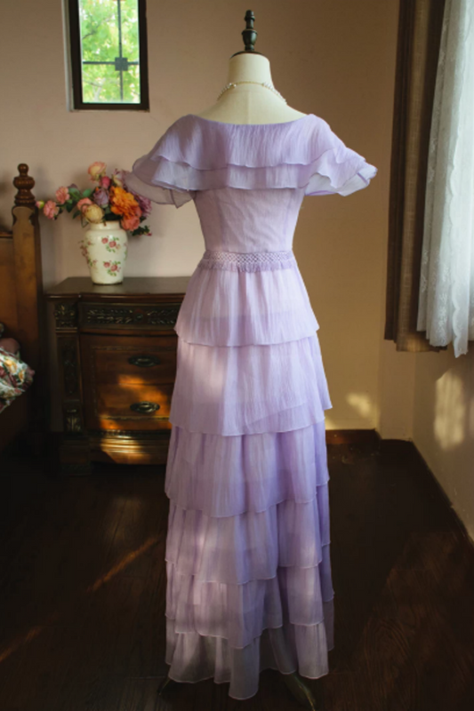 Lavender Off Shoulder Tiered Chiffon Formal Dress with 3D Flower L033