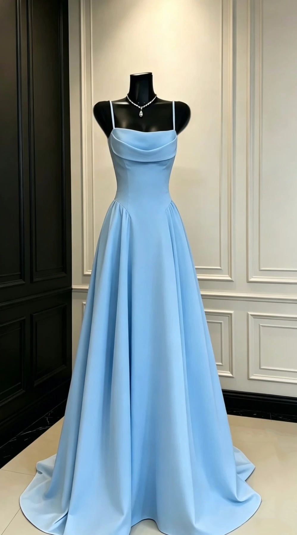 Light Blue Satin Cowl Spaghetti Strap Long Evening Dress F0392