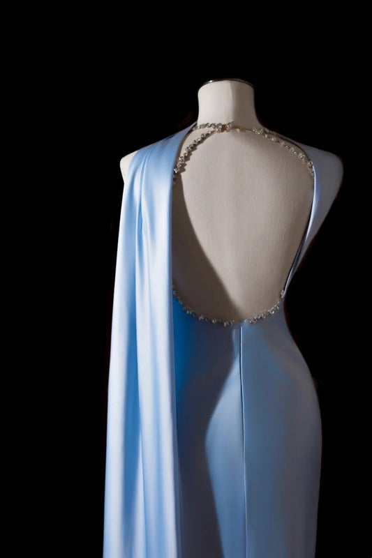 Light Blue Satin Strapless Evening Gown, Ruched Split Long Dress with Elegant Scarf Shawl F0372