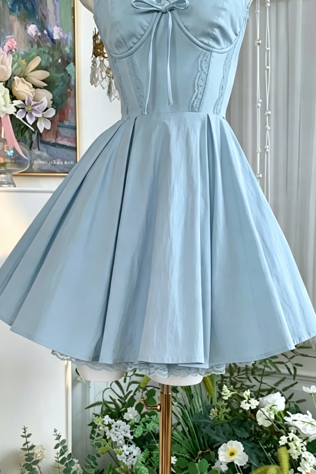 Light Blue Halter Homecoming Dress Bow Lace Corset Short Swing Party Gown F0023