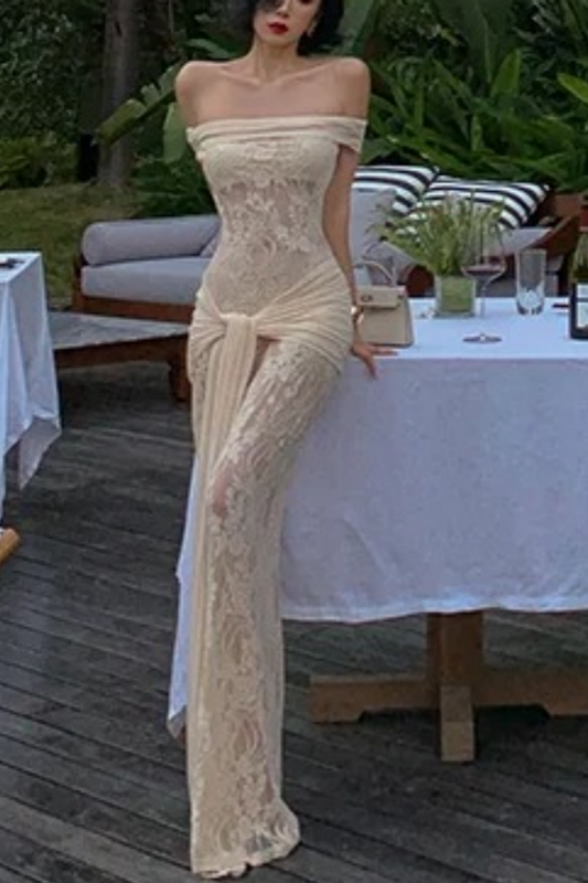 Exclusive for Vacation Dinners Champagne Off-the-Shoulder Sheer Lace Mermaid Gown FD07