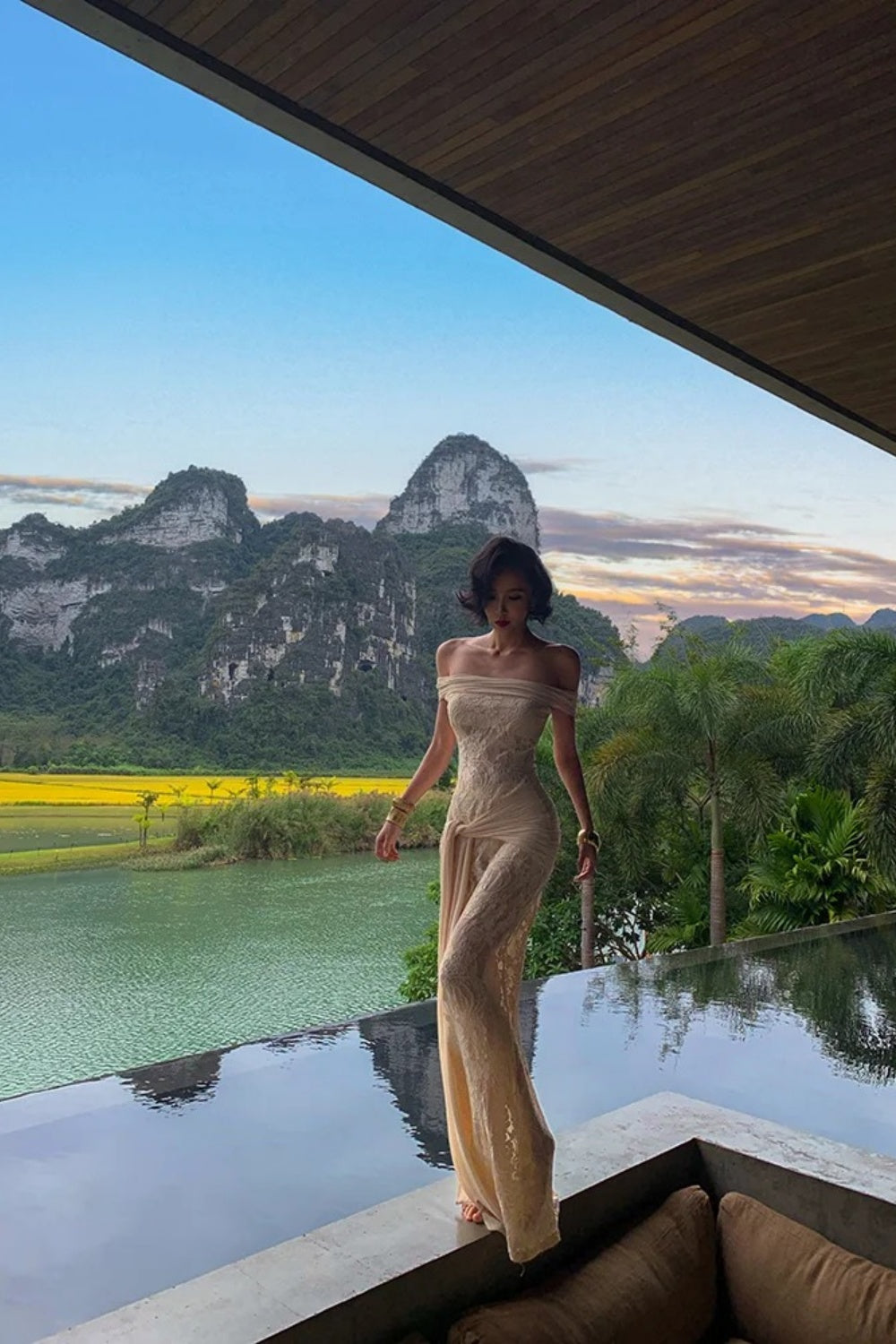 Exclusive for Vacation Dinners Champagne Off-the-Shoulder Sheer Lace Mermaid Gown FD07