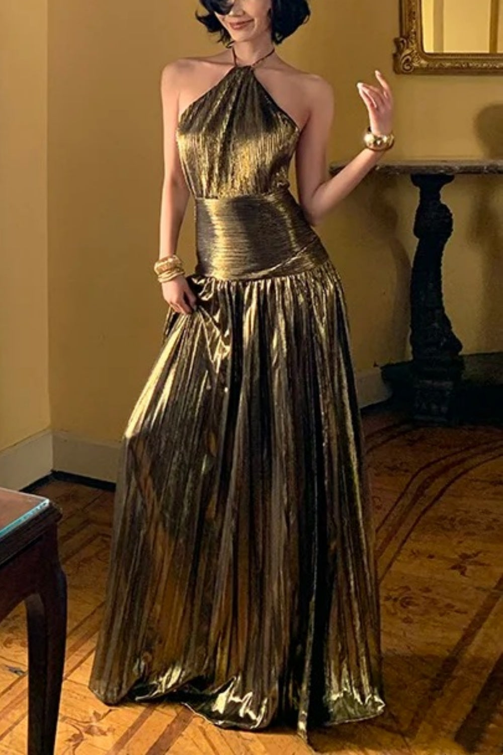 Gold Metallic Halter Dress Sexy High-Slip Evening Maxi Dress FD08