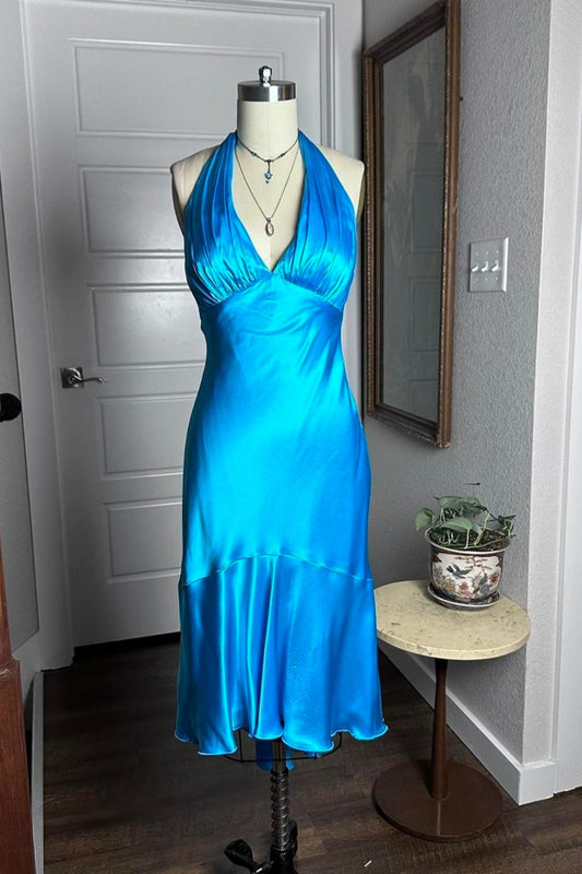 Turquoise Satin Halter Midi Dress Deep V‑Neck Ruffle Flounce Hem F0168