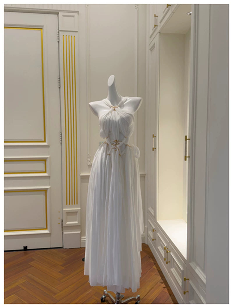 Halter White Chiffon Maxi Evening Dress F0438
