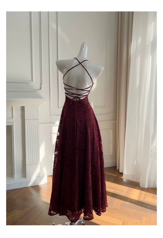 Spaghetti Strap Burgundy Textured Lace Long Evening Dress F0440