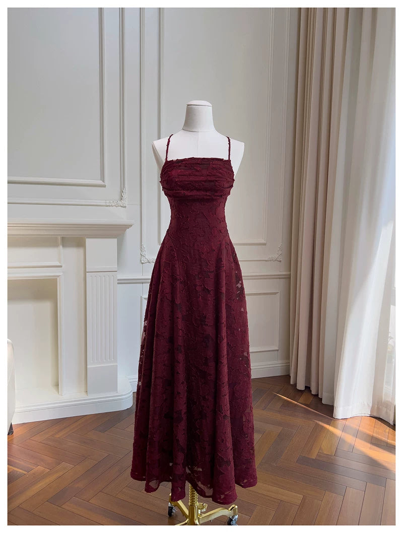 Spaghetti Strap Burgundy Textured Lace Long Evening Dress F0440