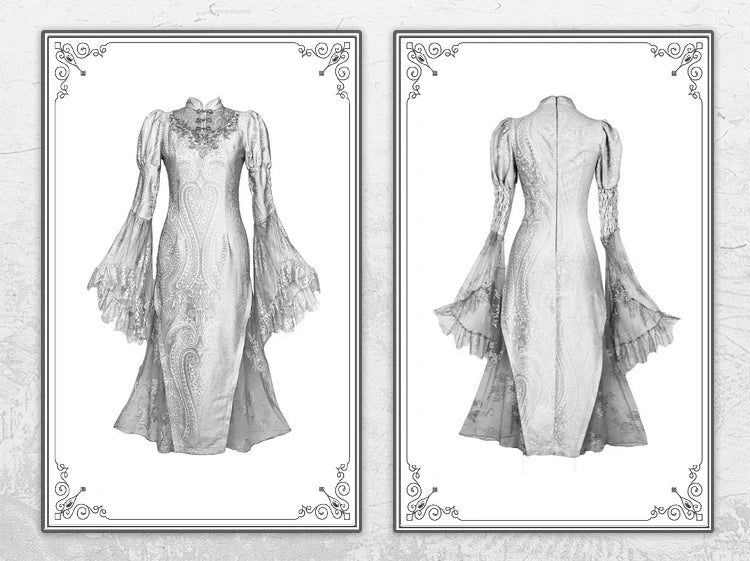 Silver Gray Gothic Lace Midi Dress Halloween Party Dress F0495
