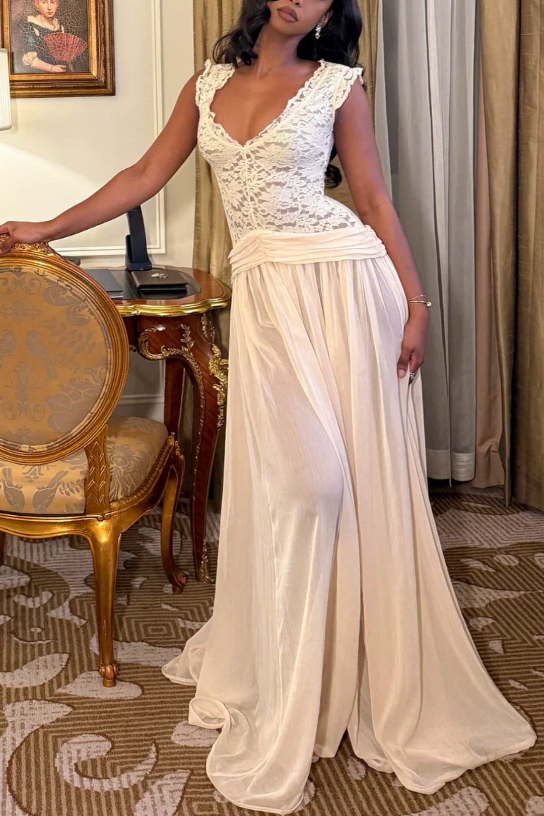 Off Shoulder Lace Chiffon Evening Dress Ruched Waist Flowy Maxi L042