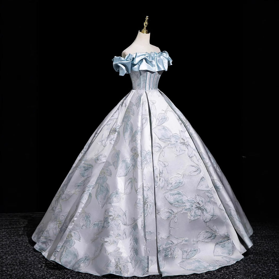 Vintage Ice Blue Off the Shoulder Ball Gown Satin Ruffle Jacquard Princess Evening Gown Floral016