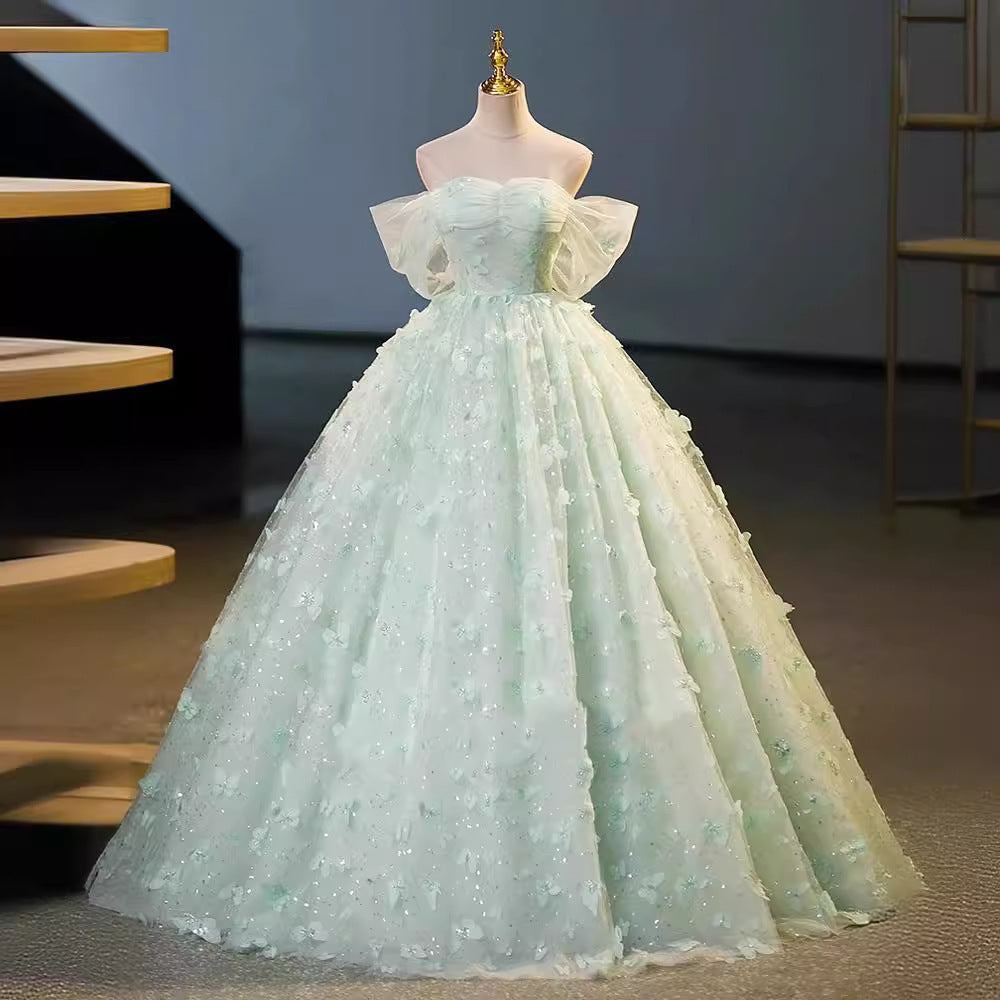 Mint Green Off-the-Shoulder Prom Dress 3D Butterfly Tulle Ball Gown for Women, Formal Evening Gown Floral017