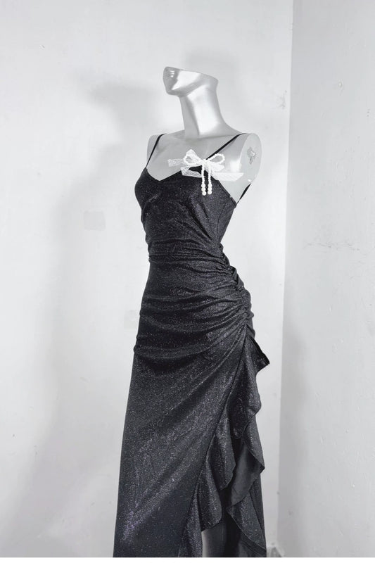 Elegant black glitter mermaid dress with thin spaghetti straps, side ruched waist and asymmetrical ruffle high slit floor-length Dress F0285