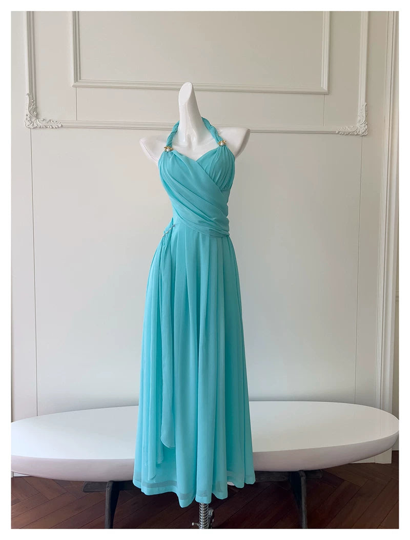 Halter Turquoise Chiffon Midi Evening Dress F0439