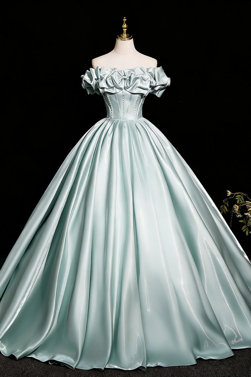 Elegant Mint Green Off-the-Shoulder Satin Ball Gown with Bow and Pearl Detail,Corset Prom Dress for Women, Formal Evening Gown for Quinceanera, Pageant and Wedding Floral019