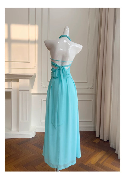 Halter Turquoise Chiffon Midi Evening Dress F0439