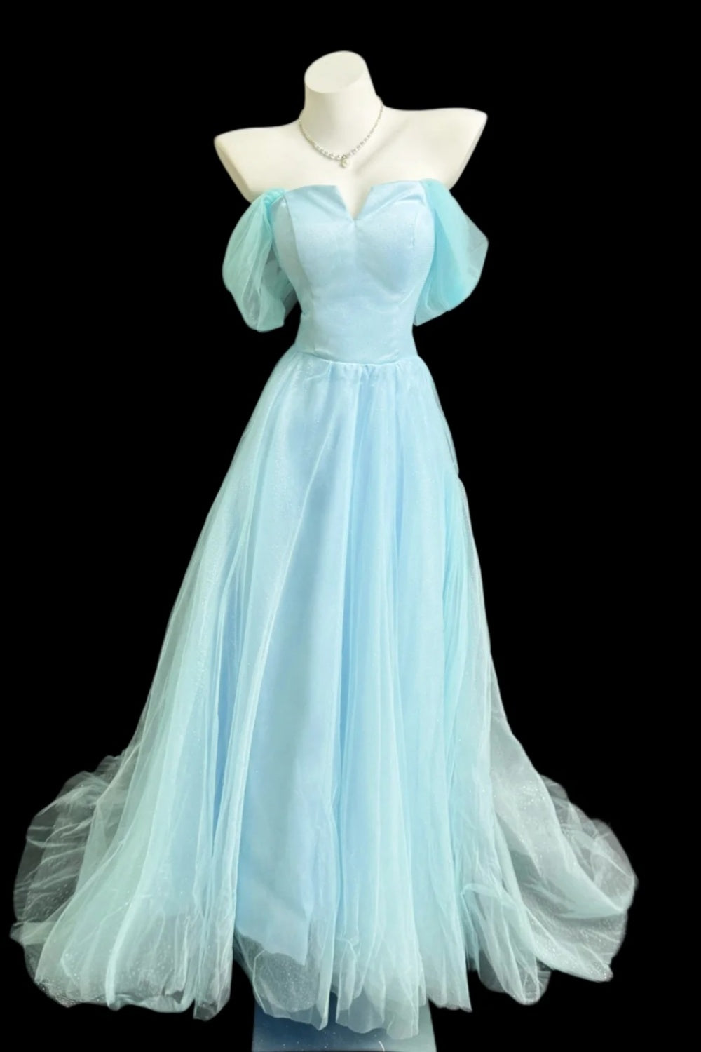 Off Shoulder Light Blue Tulle Evening Dress With Puff Sleeves F0357