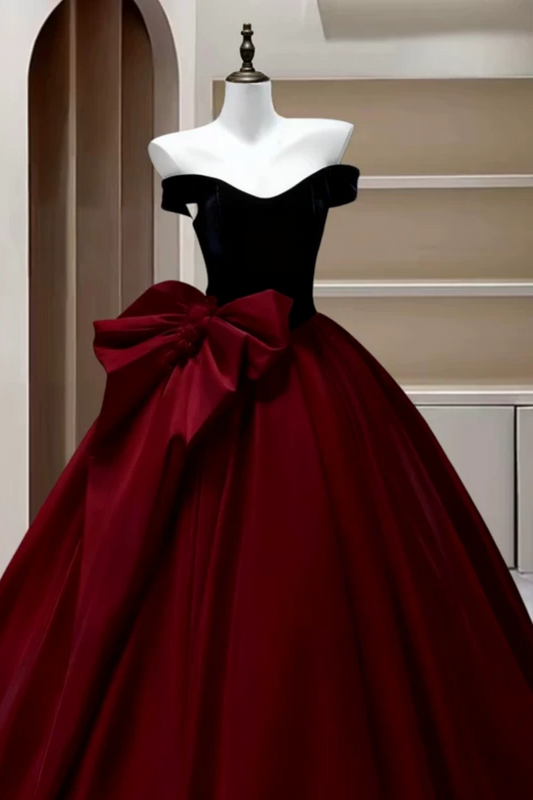Off Shoulder Velvet Satin Ball Gown Formal Evening Dress With Big Bow F0418