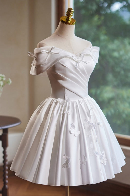 Off Shoulder White Satin Butterfly Homecoming Dress Corset Back F0291