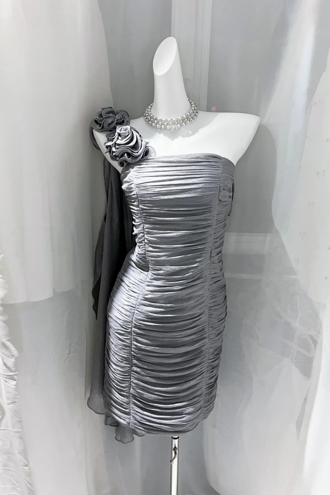 One Shoulder Floral Ruched Formal Mini Dress F0528