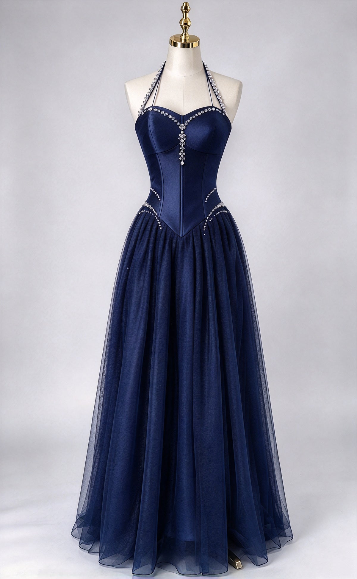 Original Design Navy Blue Halter Tulle Prom Gown Rhinestone Formal Long Dress F0406