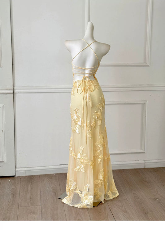Pale Yellow Spaghetti Strap Lace Mermaid Long Evening Dress F0461