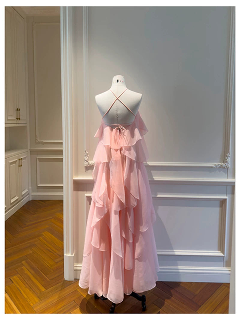 Pink Halter Ruffle Long Evening Dress With 3D Flower F0445