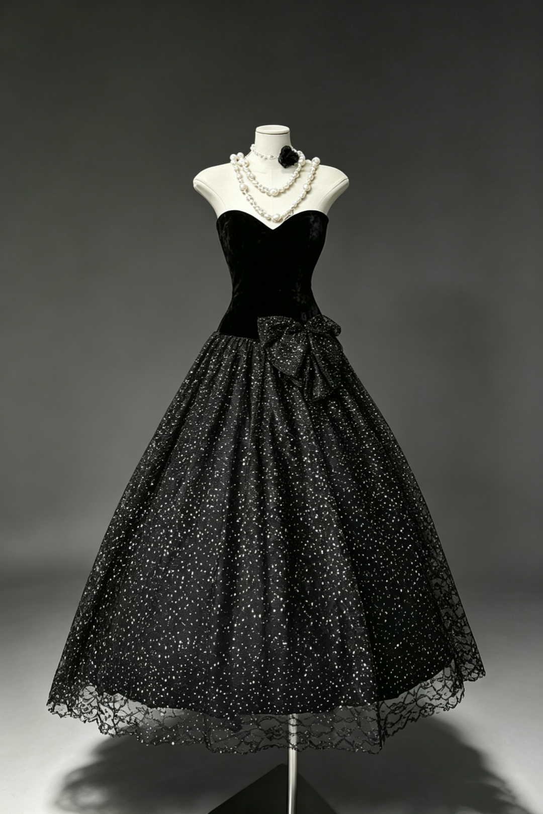 Hepburn Style Strapless Midi Prom Dress, Velvet Bodice Glitter Tulle Dress With Statement Waist Bow F0044