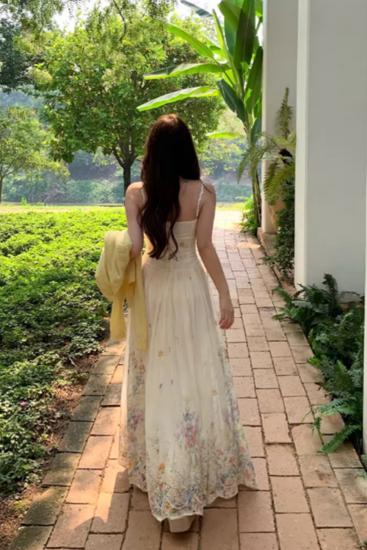 French Retro Floral Print Spaghetti Strap Waist-Cinching Maxi Vacation Dress FD013