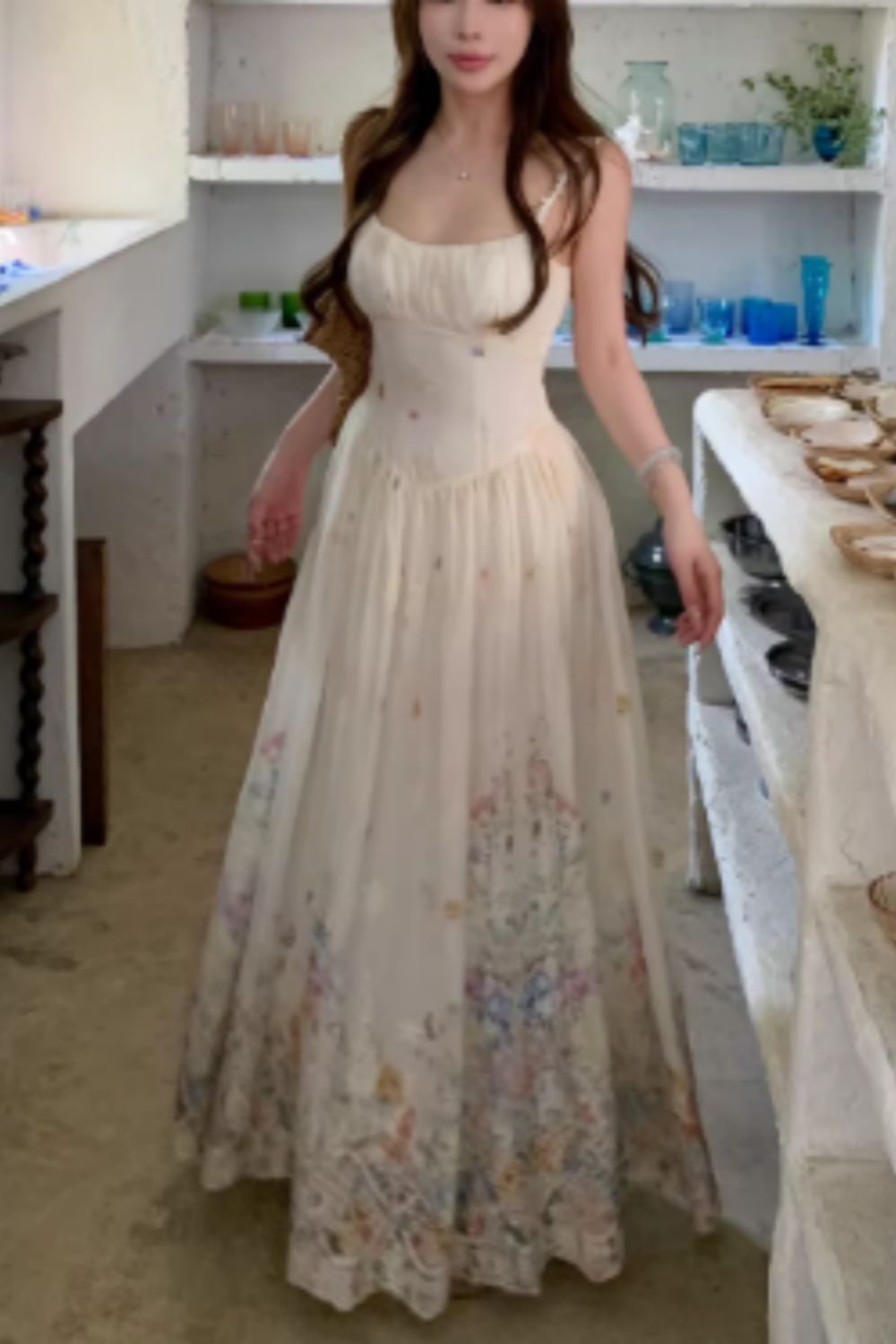 French Retro Floral Print Spaghetti Strap Waist-Cinching Maxi Vacation Dress FD013