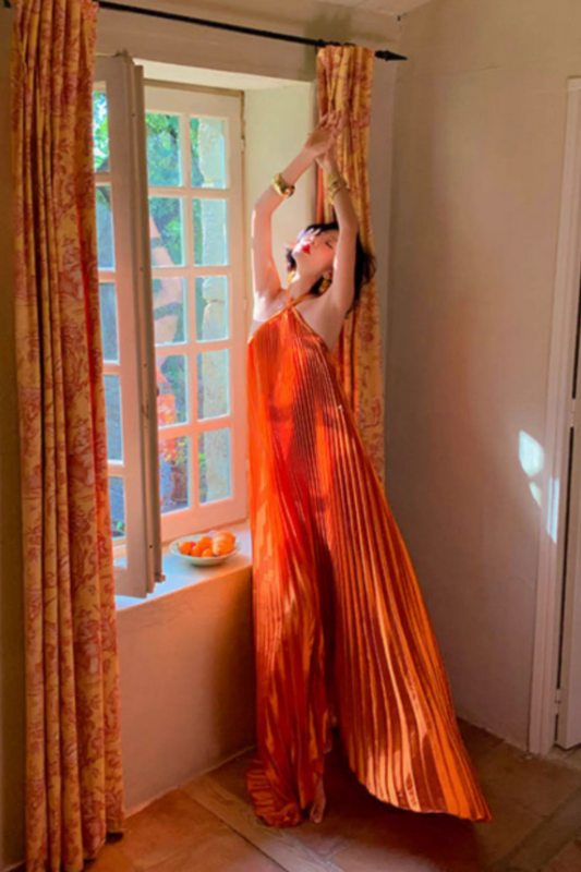Satin Shine Orange Halter Neck Crisscross Tie Back Open Back Pleated Flared Maxi Dress FD014