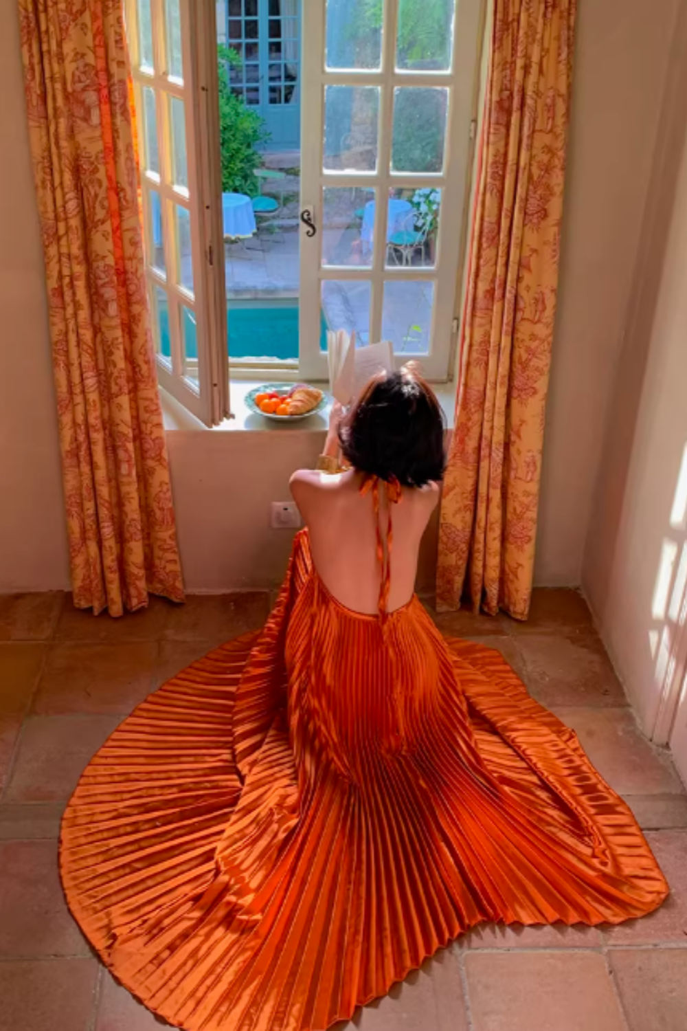 Satin Shine Orange Halter Neck Crisscross Tie Back Open Back Pleated Flared Maxi Dress FD014