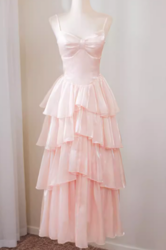 Pink Satin Prom Dress, Strappy Layered Ruffle Evening Gown for Prom Banquet FD020
