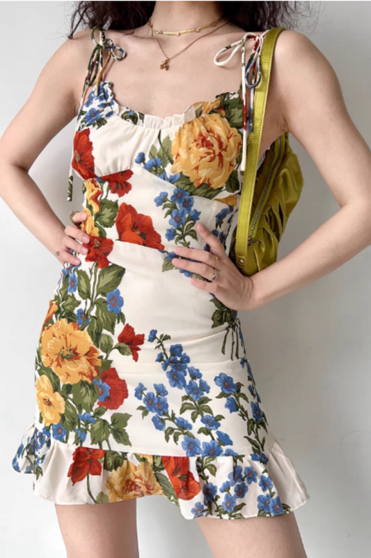 Women's Vintage-Style Strappy Dress Oil Painting Print, Ruffled Hem, A-Line Mini Dress 001