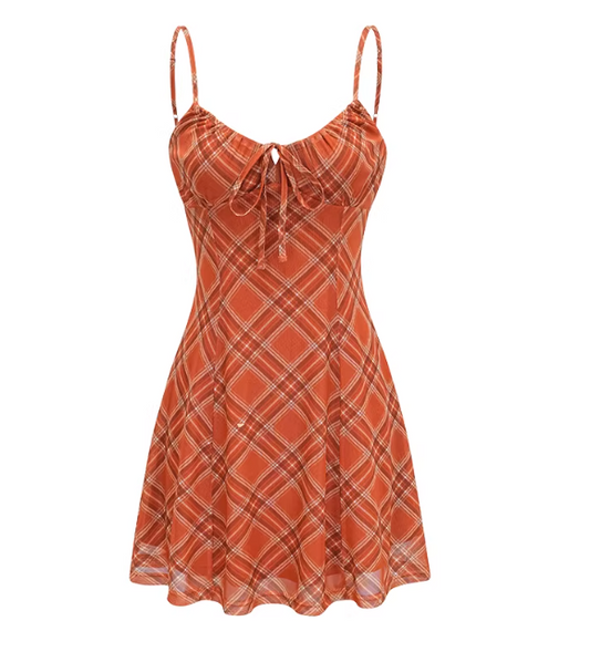 Women's Retro Orange Plaid Strappy Dress Summer Slim-Fit Mini Dress 003