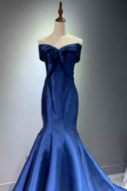 Royal Blue Satin Off-the-shoulder Mermaid Prom Dress, Lace-up Back Formal Evening Gown with Train Floral-08