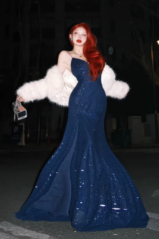Navy Blue Sequin Spaghetti Strap Lace-up Back Mermaid Prom Dress, Split Formal Evening Gown Floral-010