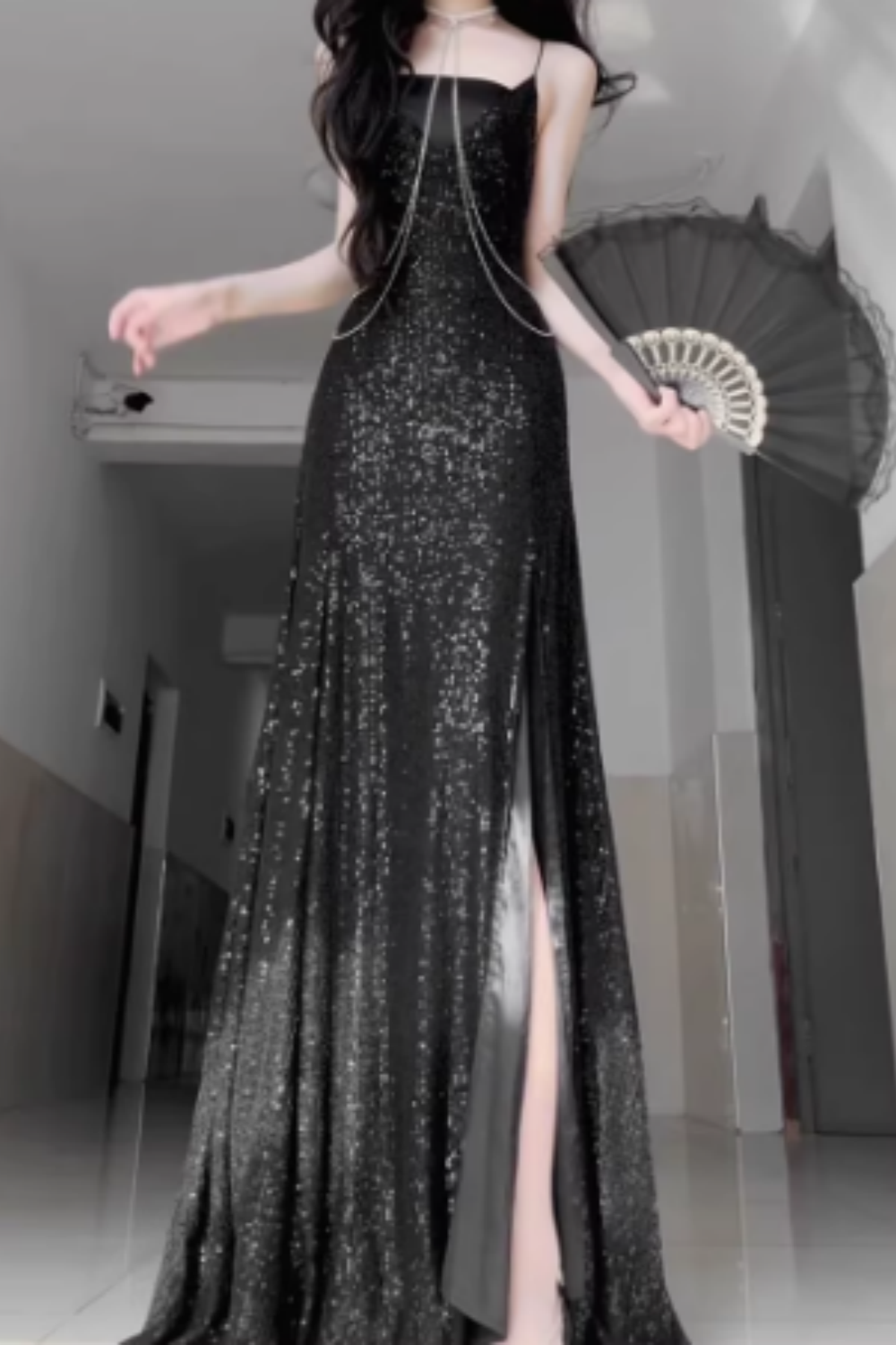 Black Sequin Spaghetti Strap Chain Detail Lace-up Back Mermaid Prom Dress, Split Formal Evening Gown Floral-011
