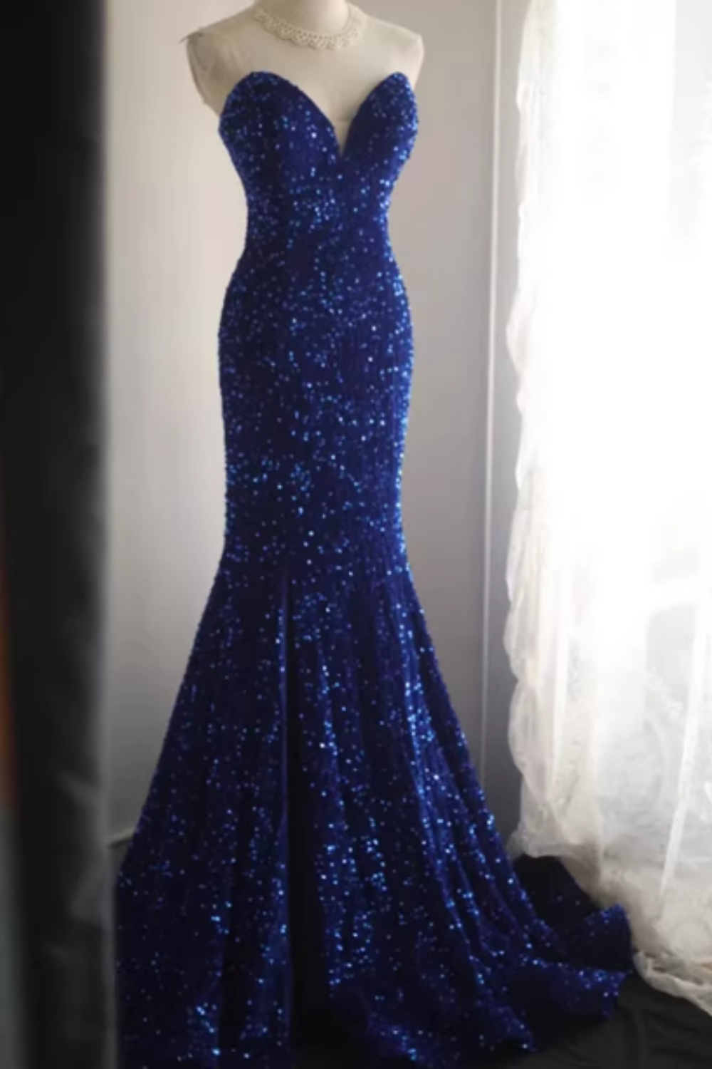 Royal Blue Sequin Strapless V-neck Mermaid Prom Dress, Split Formal Evening Gown with Train Floral-012