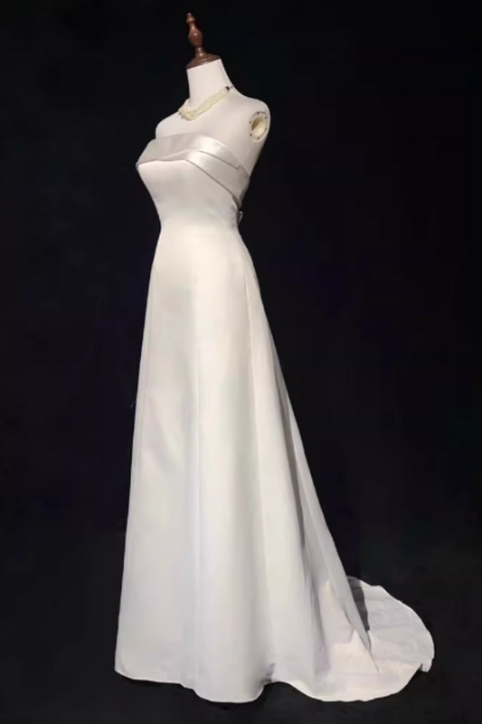 White Satin Strapless Wedding Dress, Bow Back Chapel Train Bridal Gown Floral-012