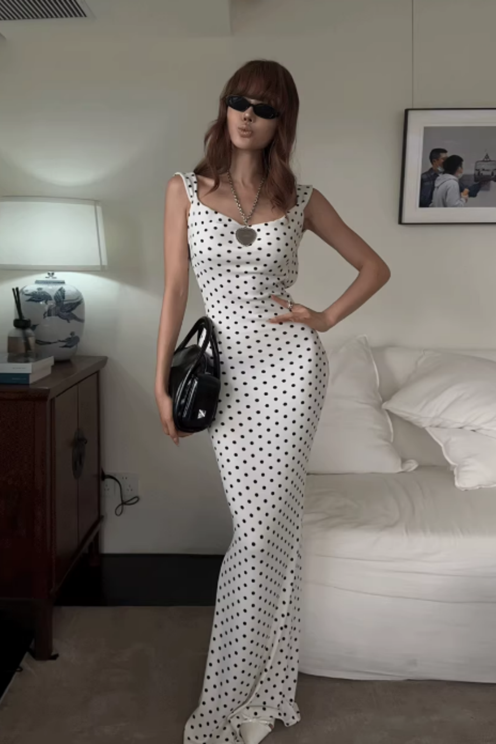White Polka Dot Open Back Bow Detail Mermaid Prom Dress, Formal Evening Gown FD024